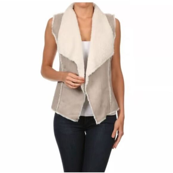 Anthropologie‎  Brand THML Faux Fur Suede Draped Front Vest Tan Size Medium - Picture 1 of 9